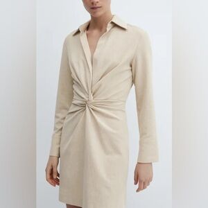 Mango linen mini dress long sleeve beige lapel collar twist knot blazer sand